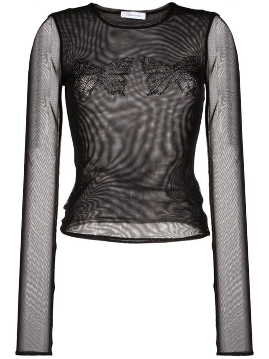 Black Butterfly-embroidered Mesh Top