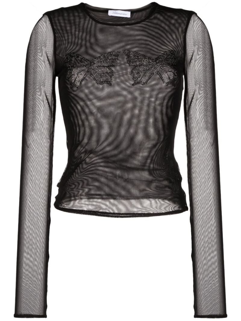 Black Butterfly-embroidered Mesh Top