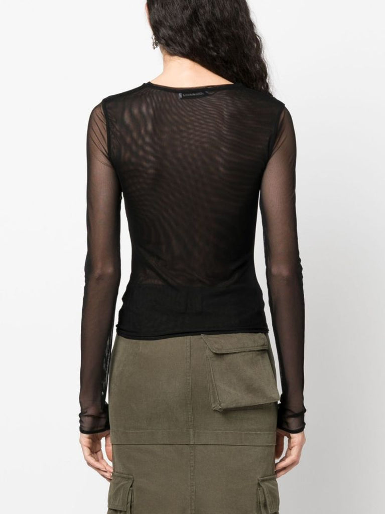 Black Butterfly-embroidered Mesh Top
