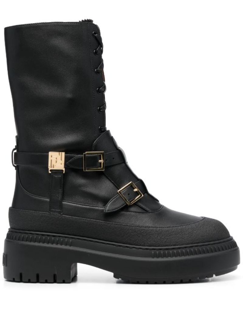 Black Delfine Leather Combat Boots
