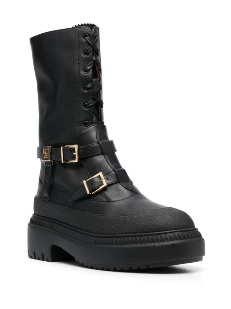 Black Delfine Leather Combat Boots