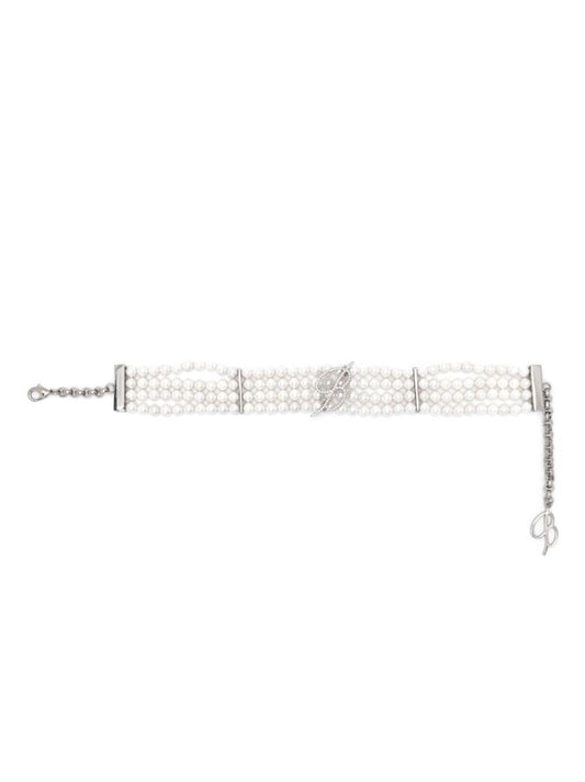 Silver-tone Logo-plaque Pearl Choker Necklace