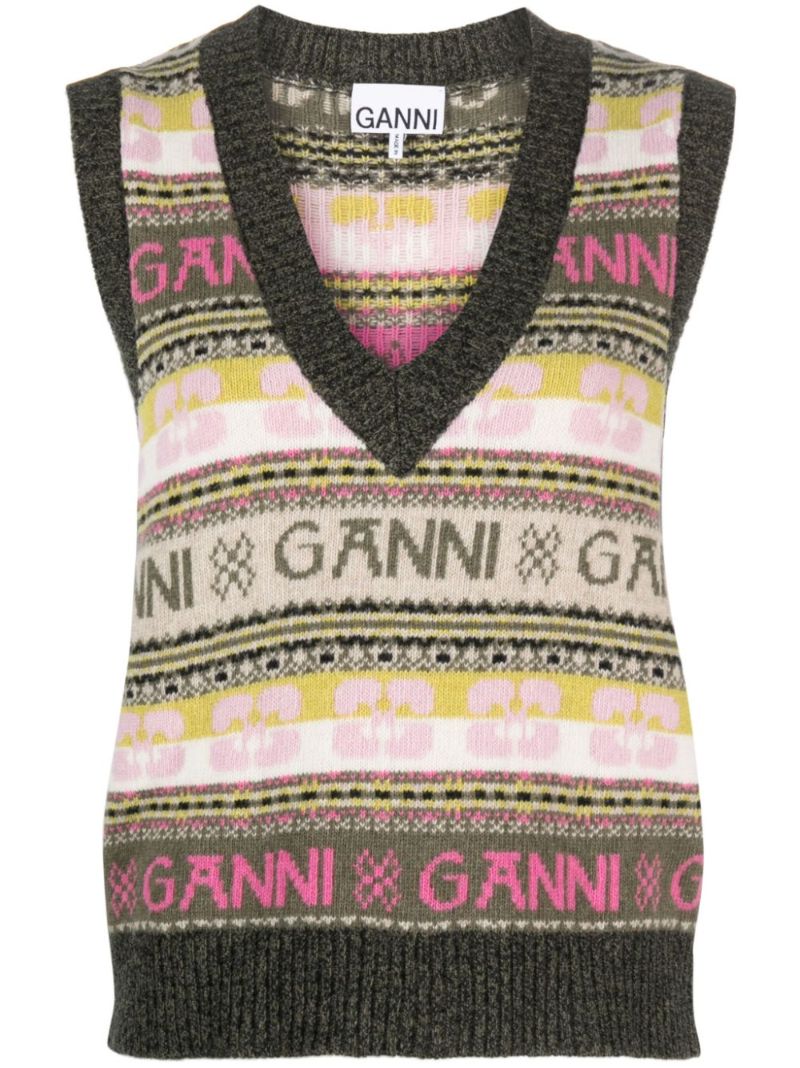 Green Intarsia-knit V-neck Vest