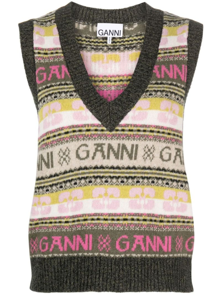 Green Intarsia-knit V-neck Vest