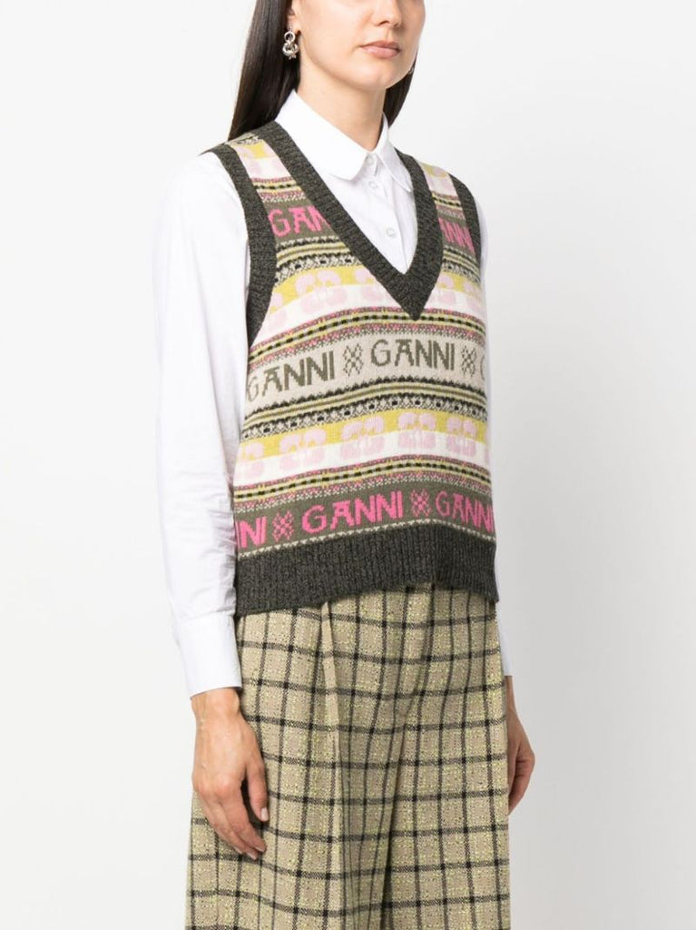 Green Intarsia-knit V-neck Vest