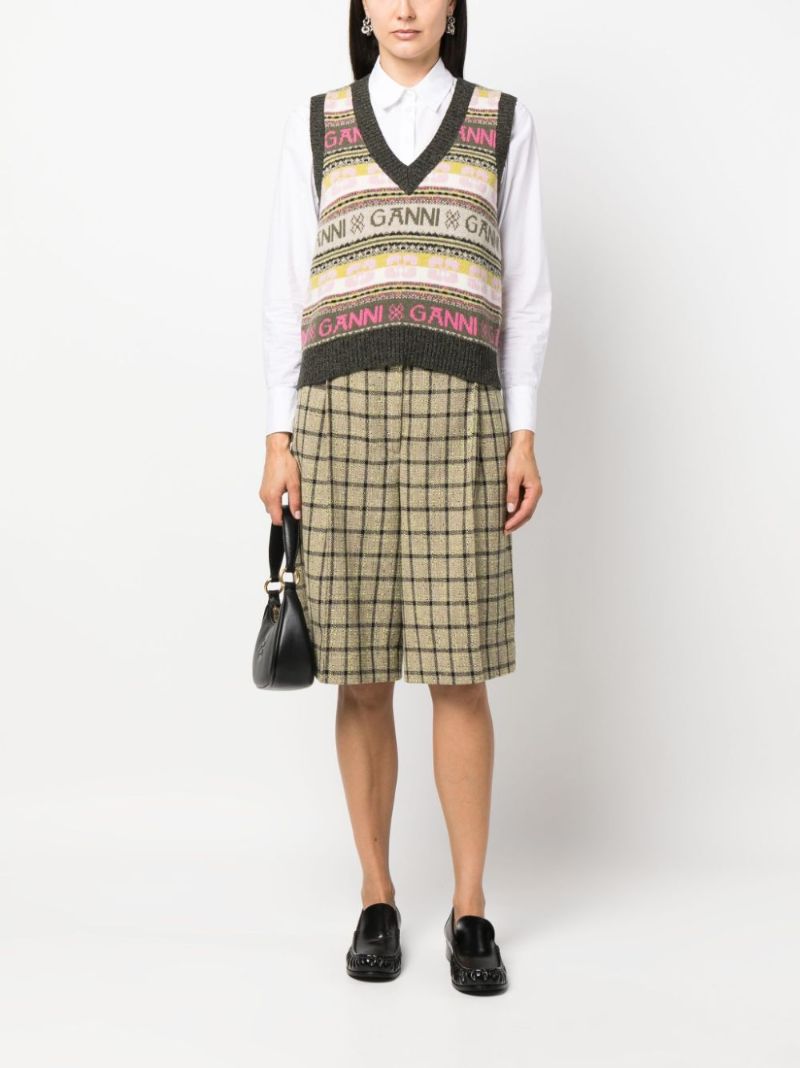 Green Intarsia-knit V-neck Vest