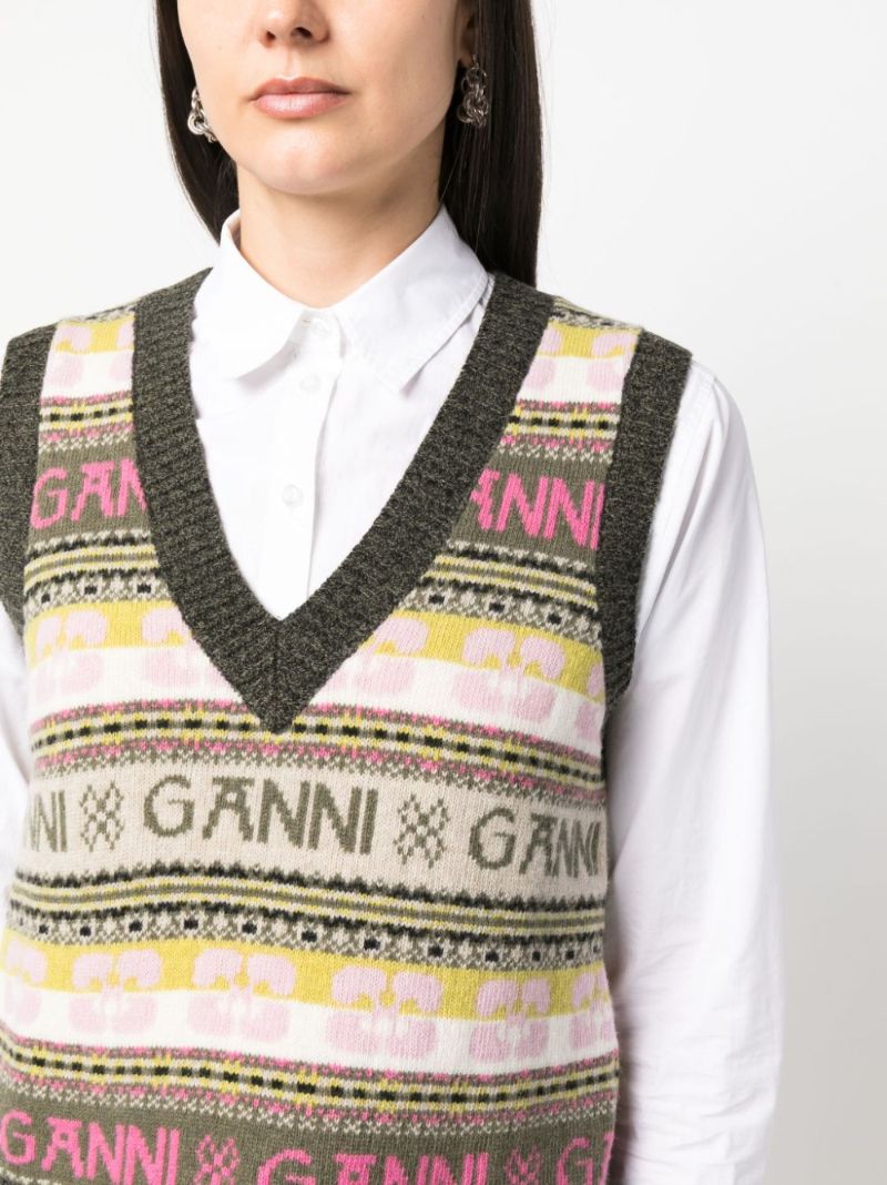 Green Intarsia-knit V-neck Vest