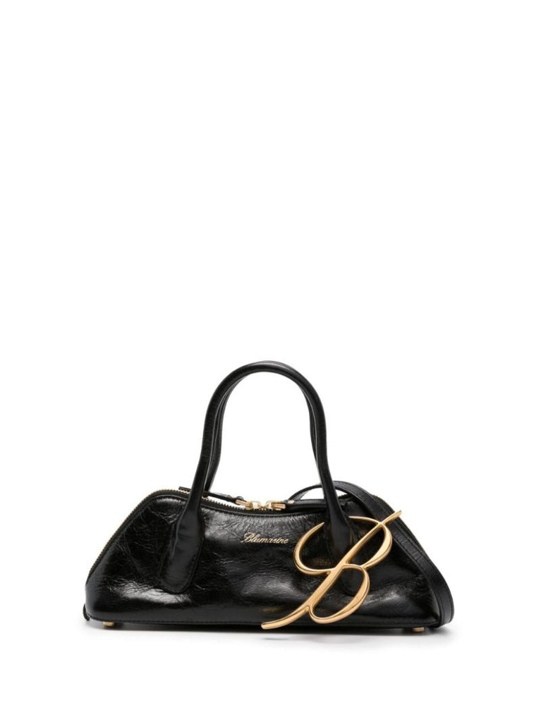 Black Logo Charm Leather Tote Bag