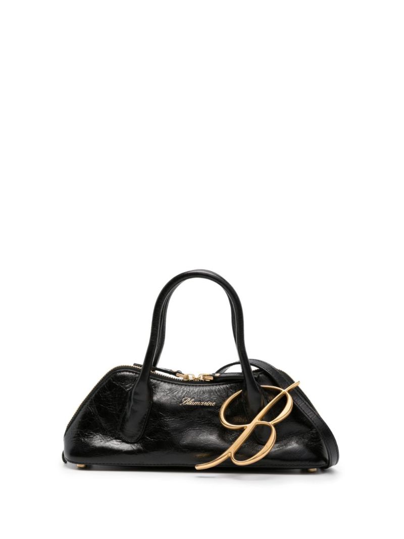 Black Logo Charm Leather Tote Bag