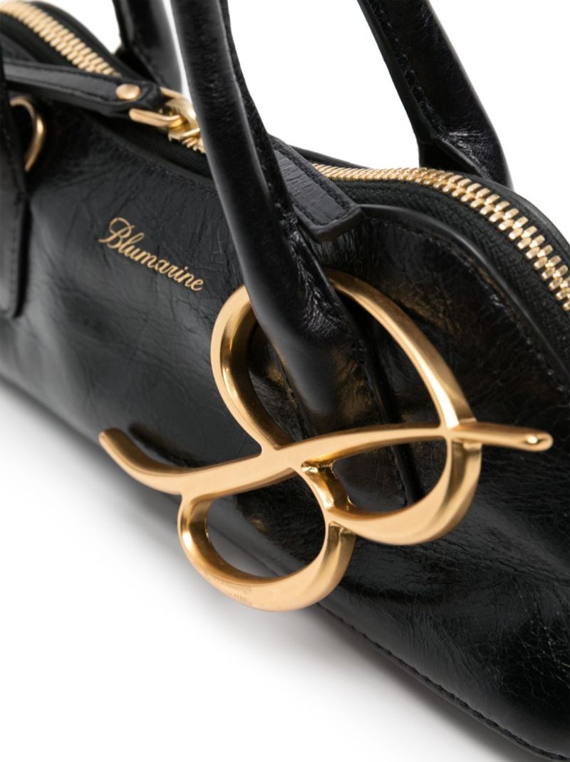 Black Logo Charm Leather Tote Bag