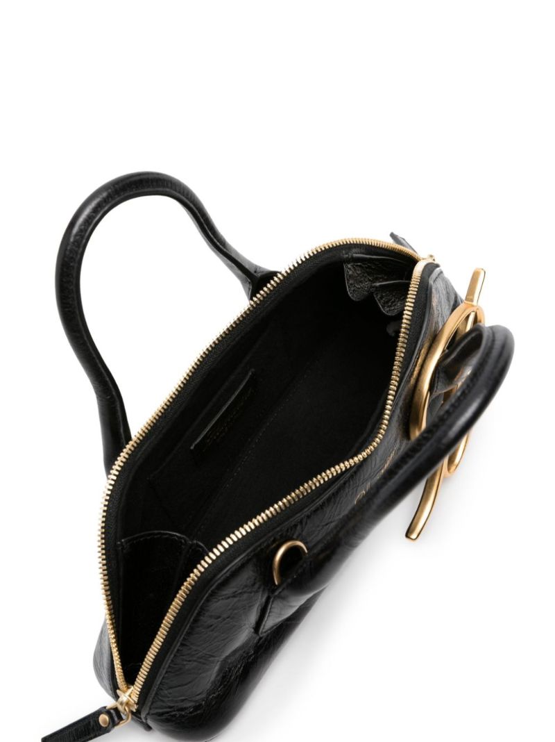 Black Logo Charm Leather Tote Bag