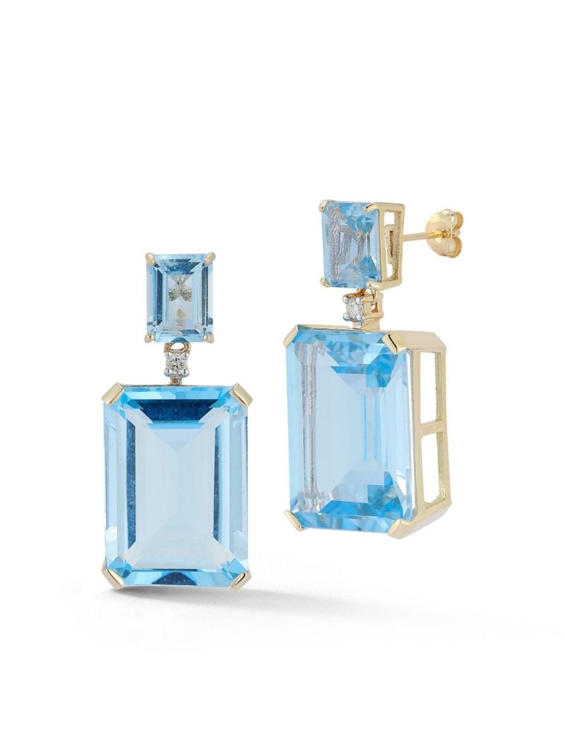 14kt Yellow Gold Diamond and Blue Topaz Dangle Stud Earrings