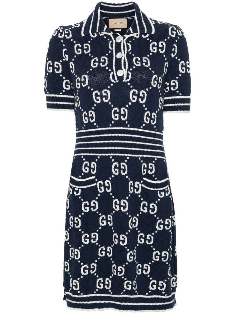 Blue Gg Damier-jacquard Polo Mini Dress