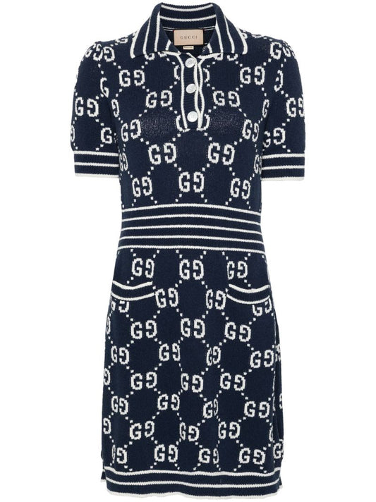 Blue Gg Damier-jacquard Polo Mini Dress