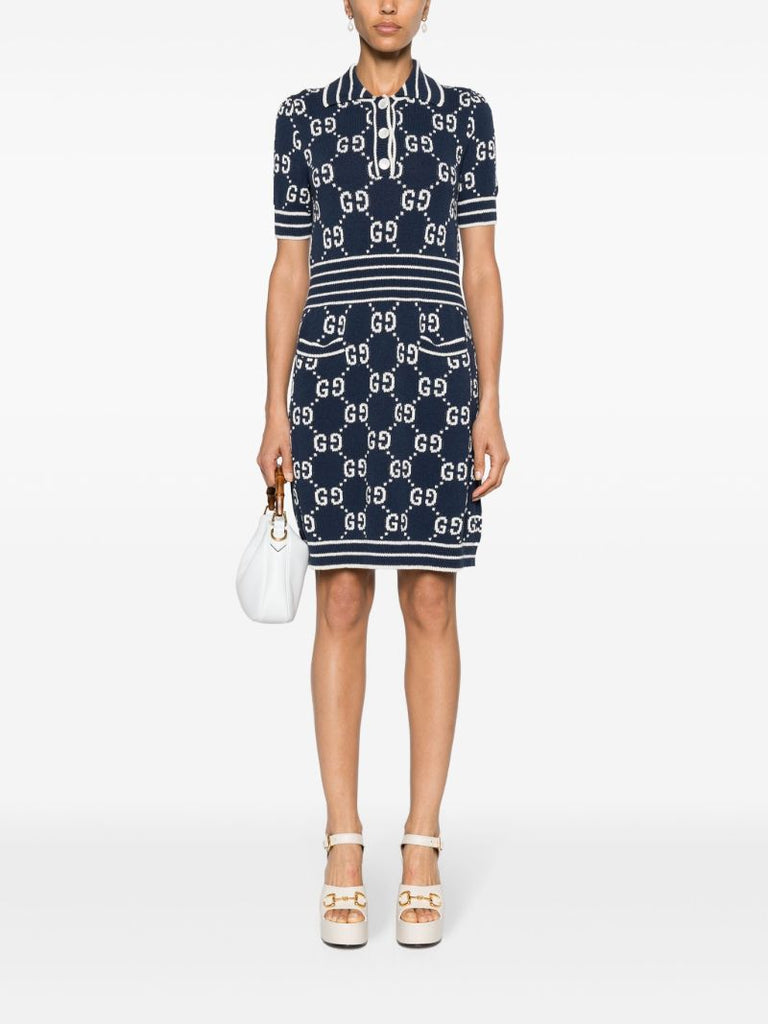 Blue Gg Damier-jacquard Polo Mini Dress