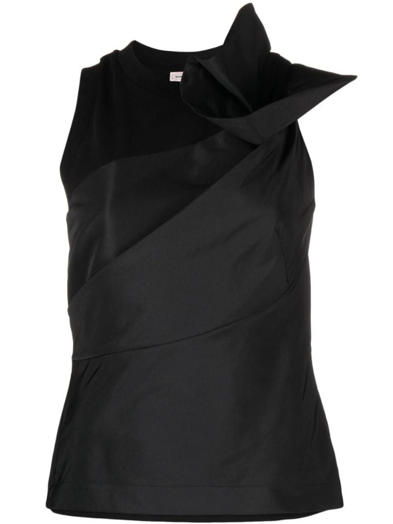 Black Asymmetric Cotton Organza Top