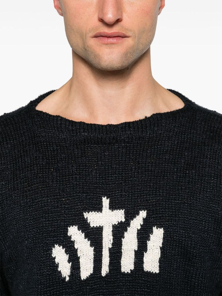 Blue Intarsia-knit Silk Sweater