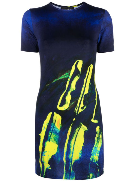 Blue Abstract-print T-shirt Dress