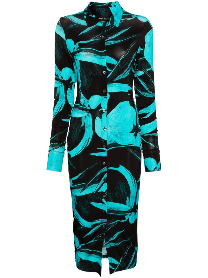 Blue Turquoise Flower Printed Shirt Dress