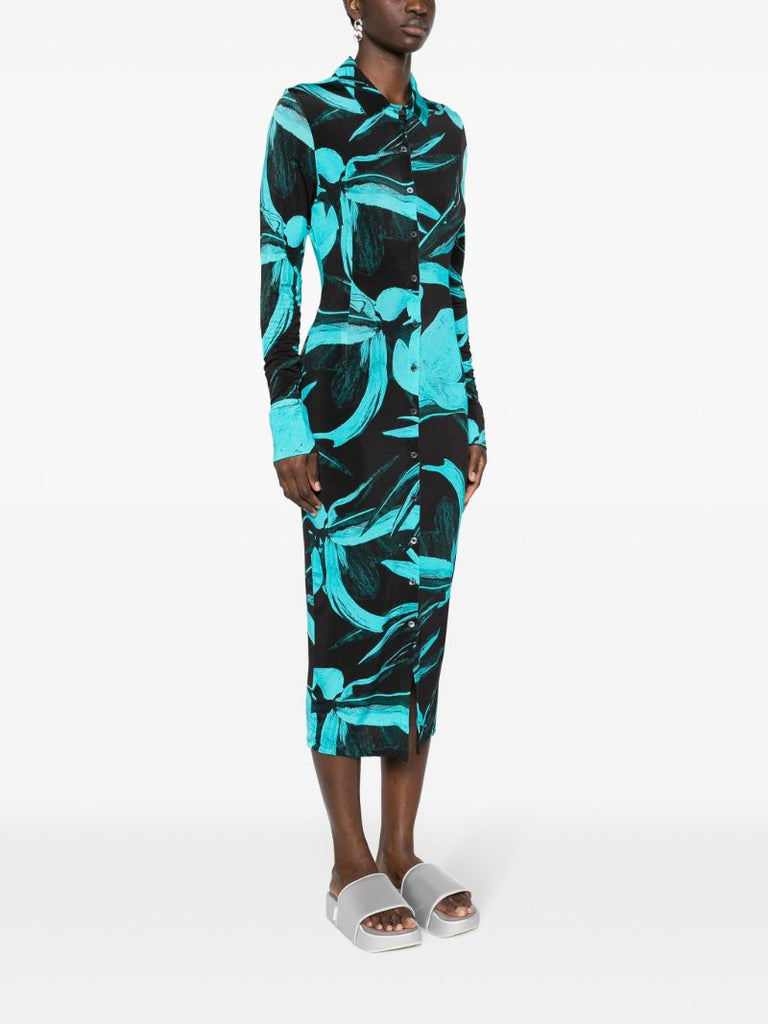 Blue Turquoise Flower Printed Shirt Dress