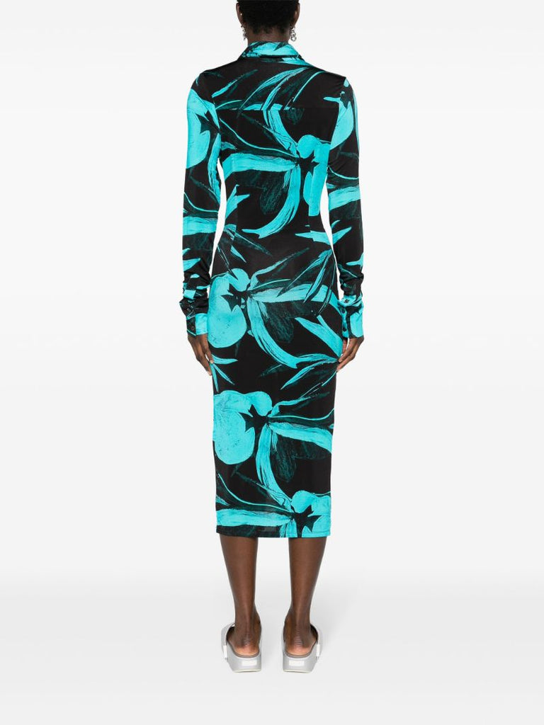 Blue Turquoise Flower Printed Shirt Dress