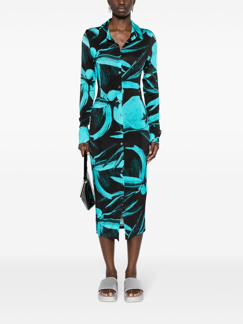 Blue Turquoise Flower Printed Shirt Dress