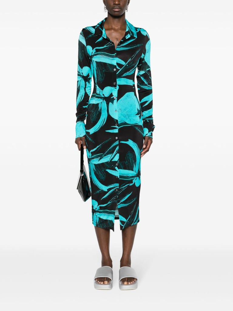 Blue Turquoise Flower Printed Shirt Dress