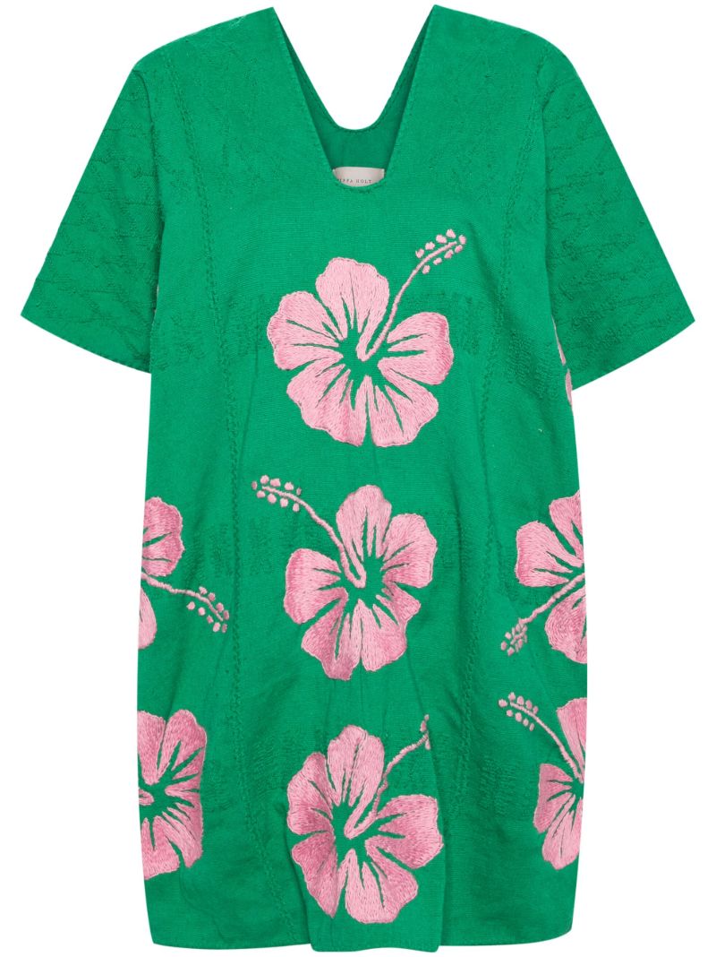 Green Hibiscus-embroidery Cotton Kaftan