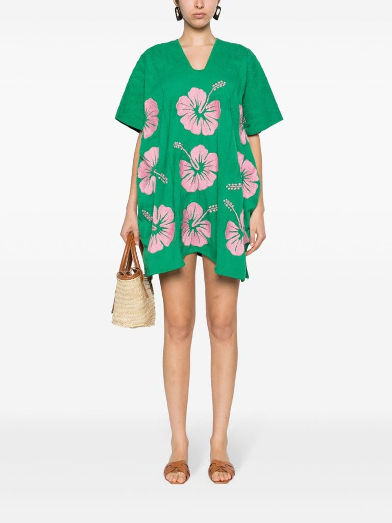 Green Hibiscus-embroidery Cotton Kaftan