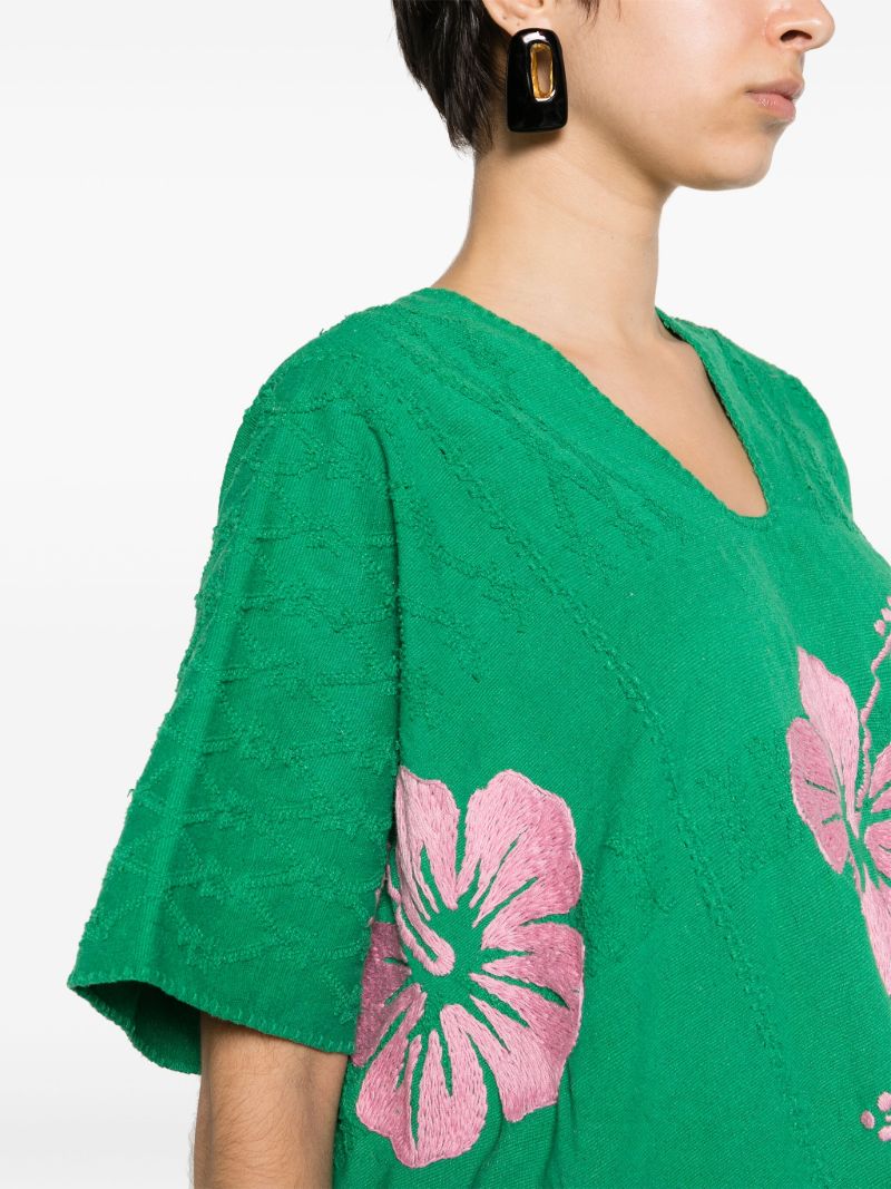 Green Hibiscus-embroidery Cotton Kaftan
