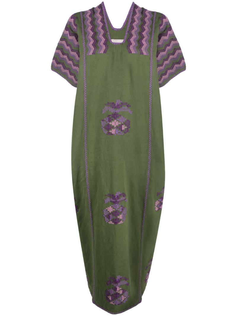 Green Embroidered Cotton Midi Dress