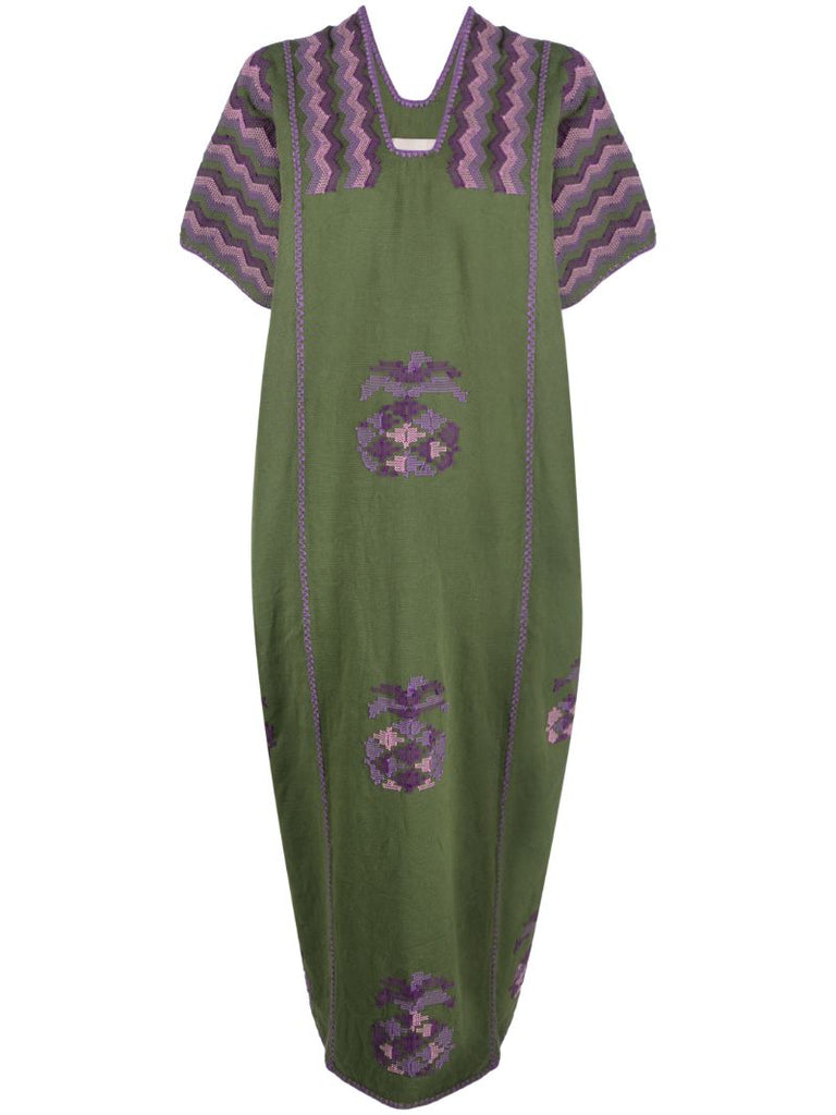 Green Embroidered Cotton Midi Dress