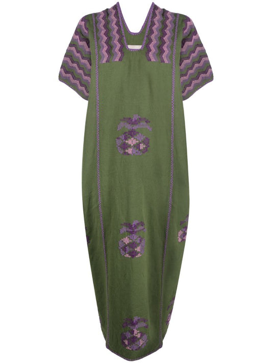 Green Embroidered Cotton Midi Dress