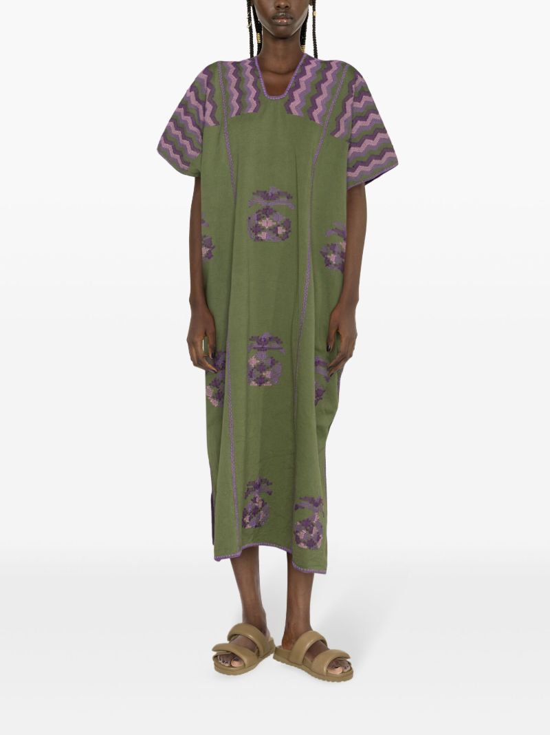 Green Embroidered Cotton Midi Dress