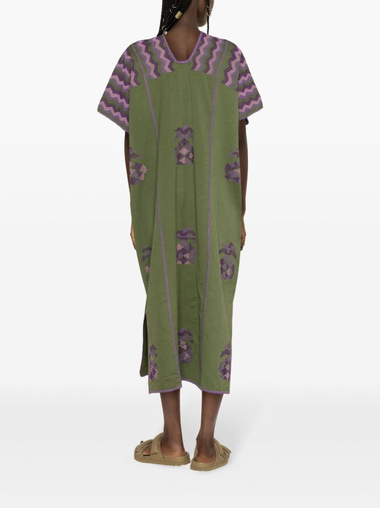 Green Embroidered Cotton Midi Dress