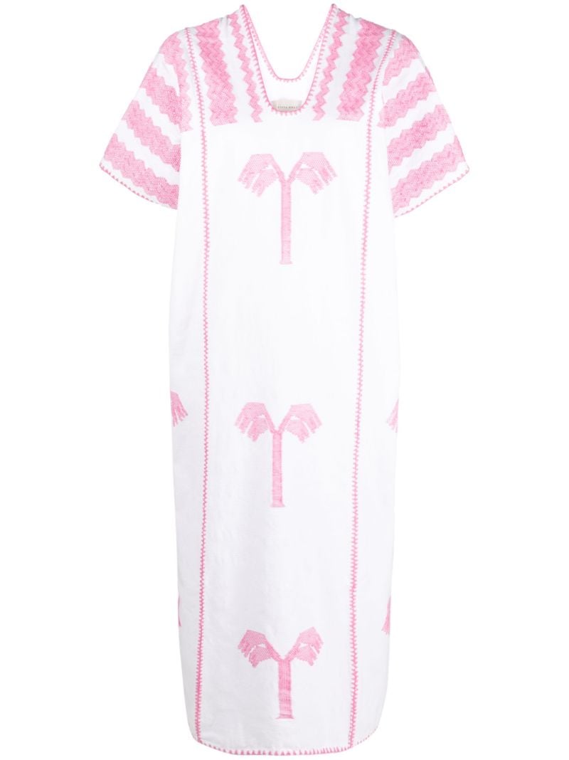 Pink Embroidered Cotton Midi Dress
