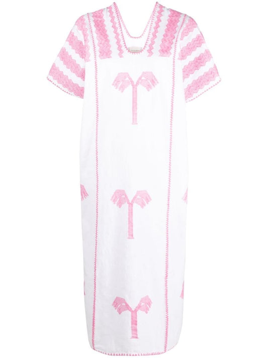 Pink Embroidered Cotton Midi Dress