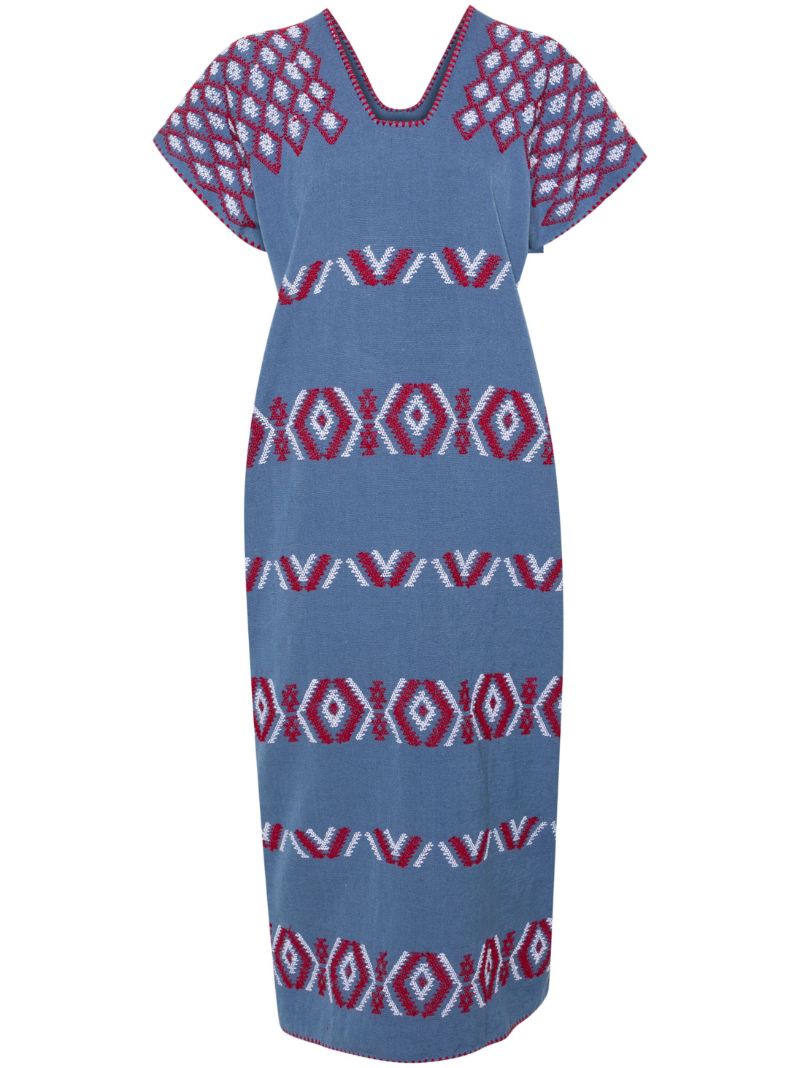 Blue Embroidered Cotton Kaftan
