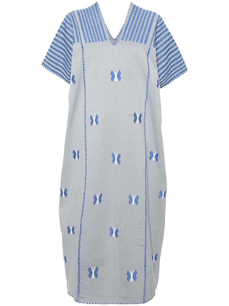 Grey Butterfly-embroidery Cotton Kaftan