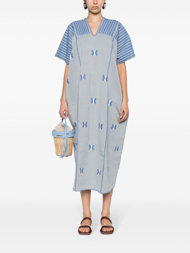 Grey Butterfly-embroidery Cotton Kaftan