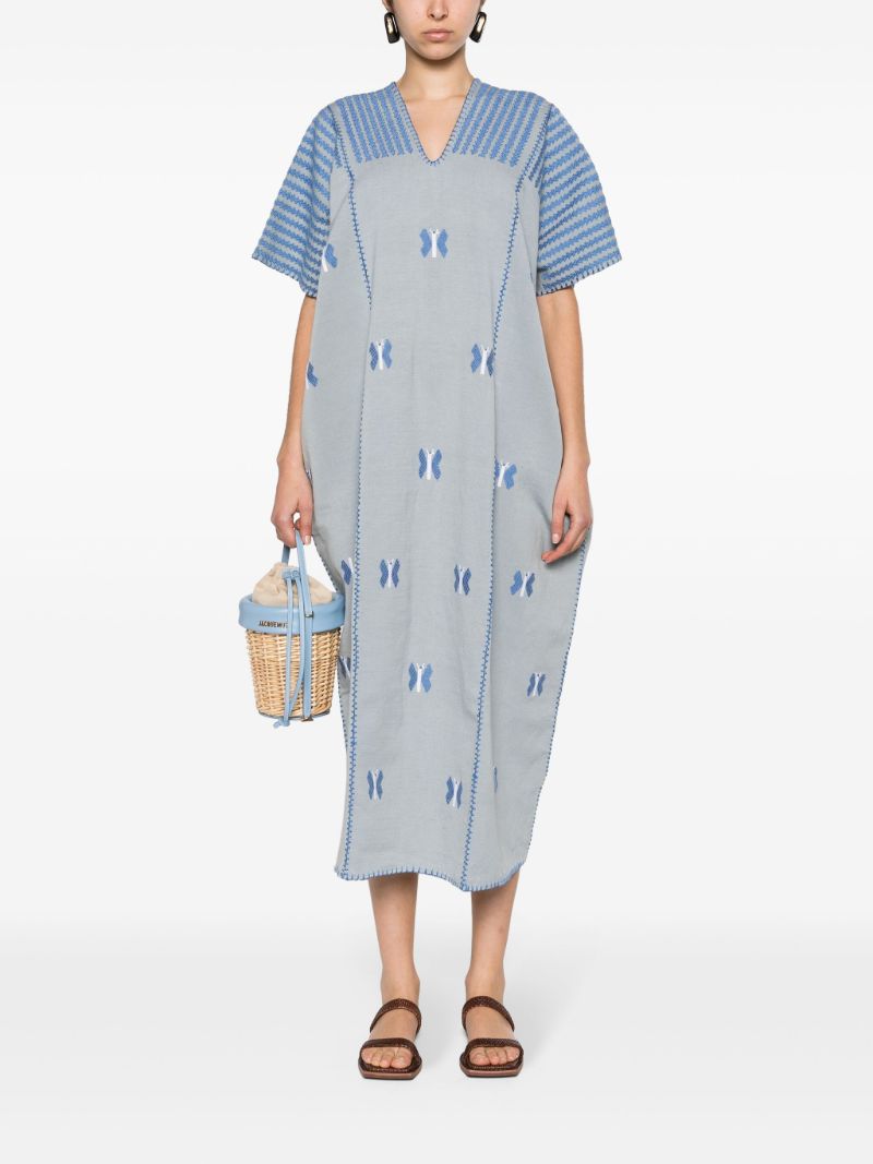 Grey Butterfly-embroidery Cotton Kaftan
