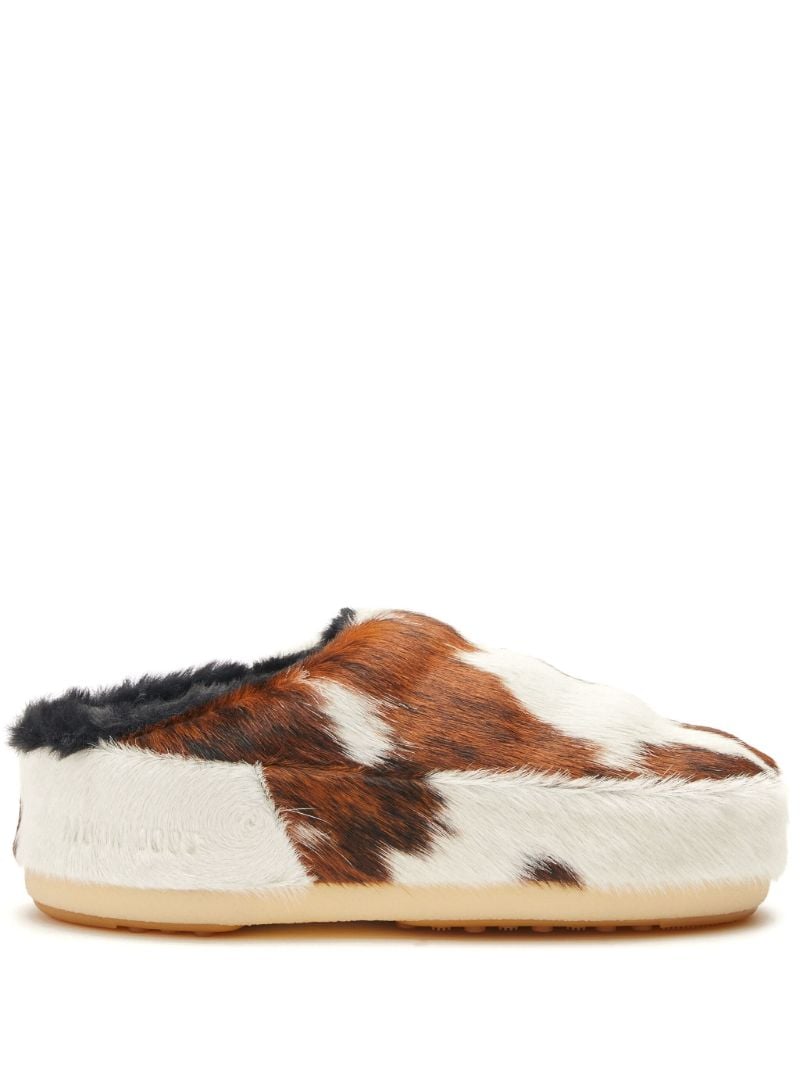 White Cow-print Pony Hair Mules