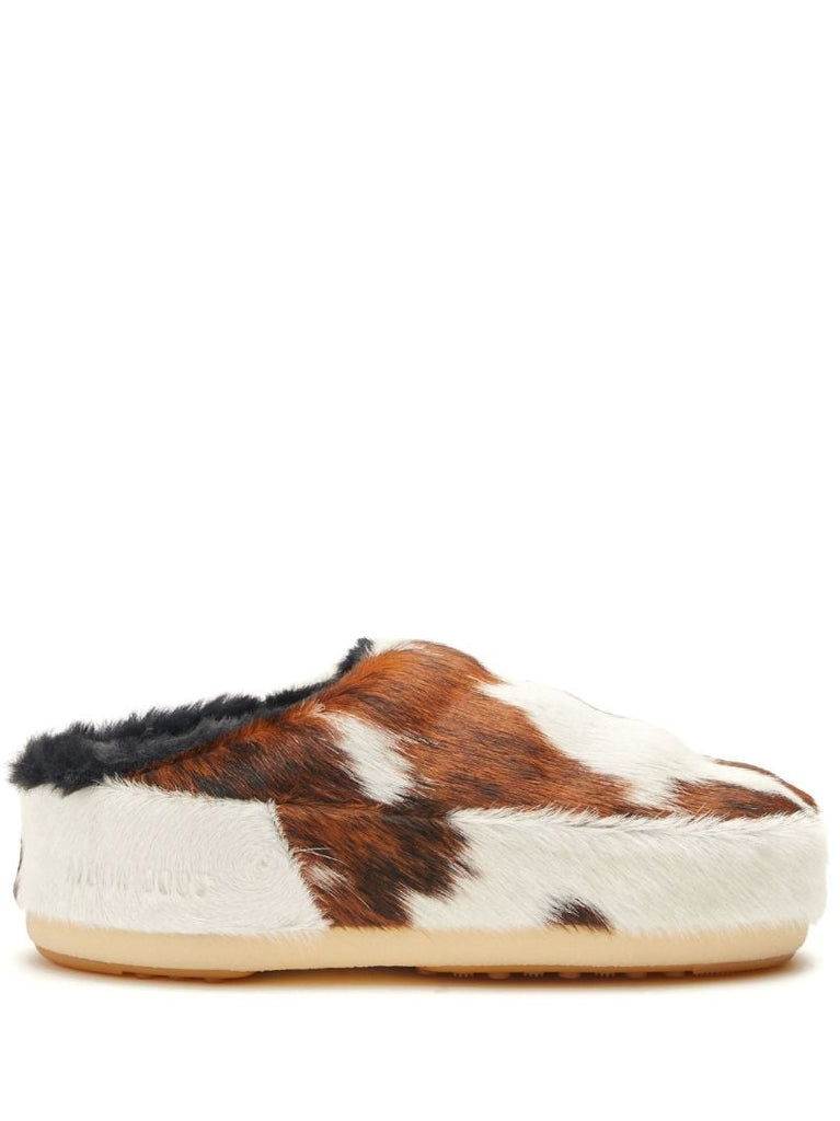 White Cow-print Pony Hair Mules