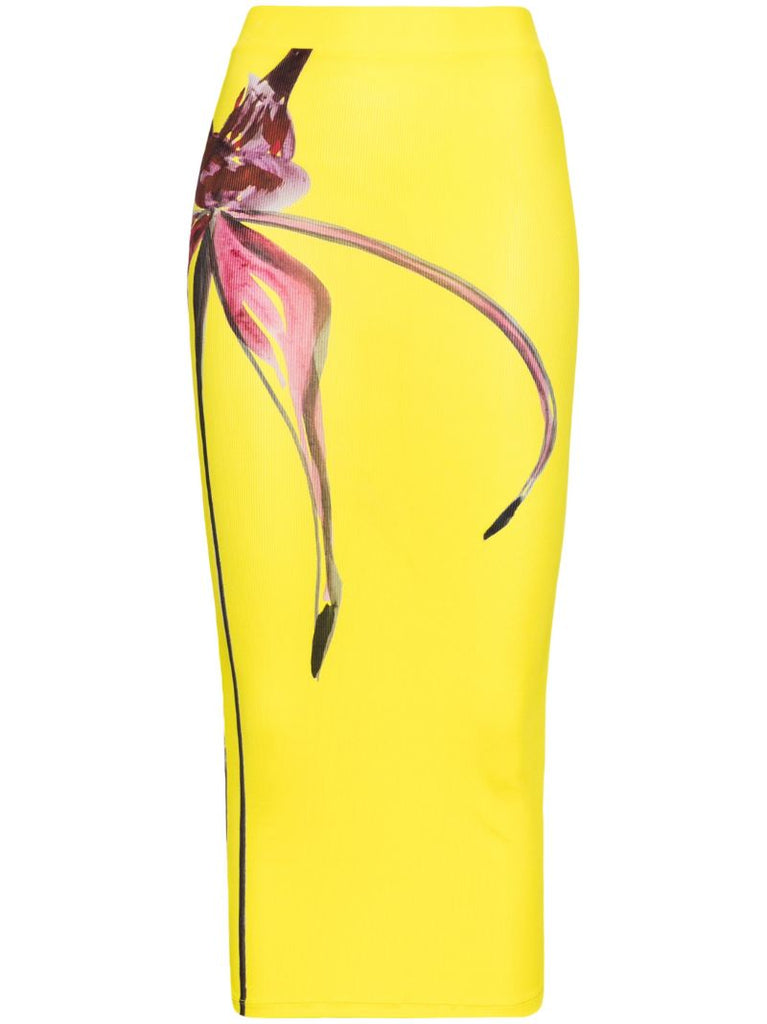 Yellow Floral-print Midi Skirt