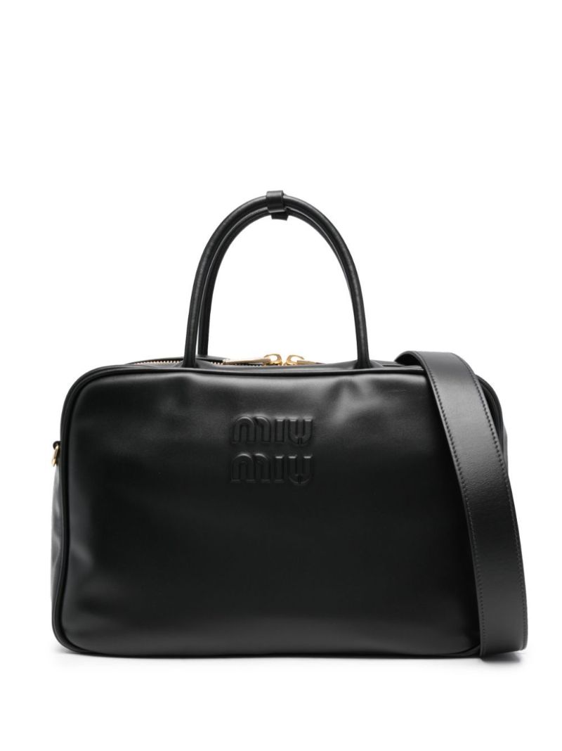 Black Logo-embossed Leather Tote Bag