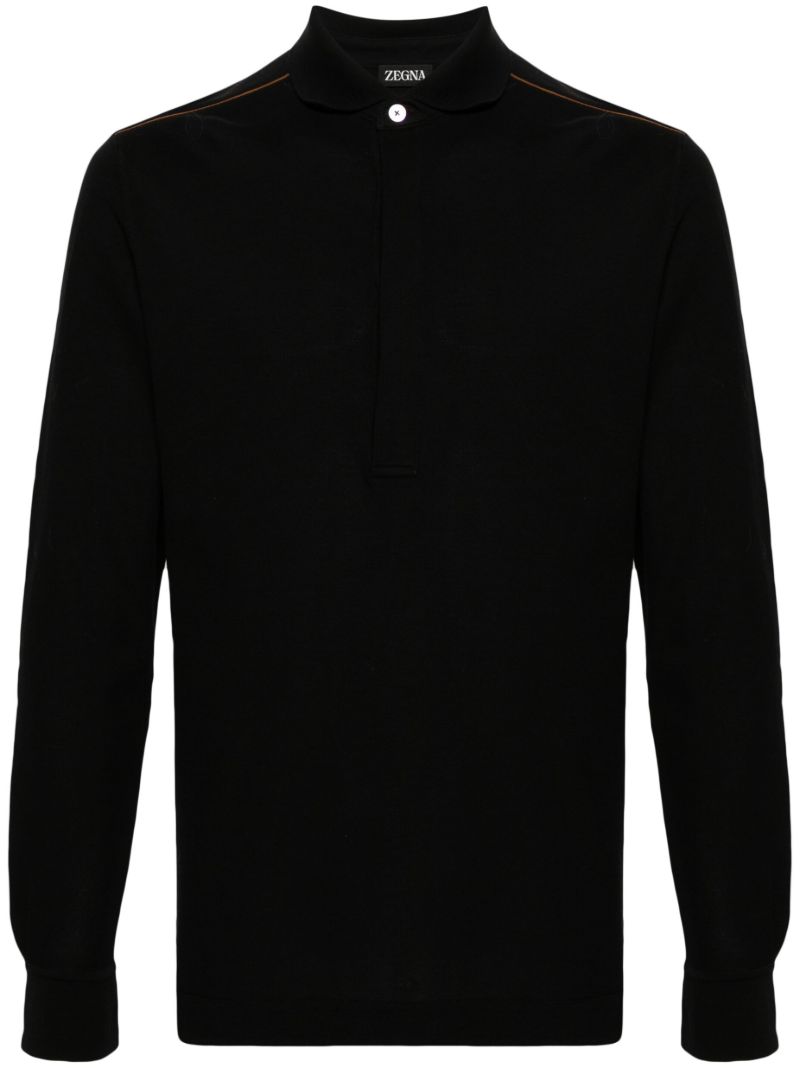 Black Leather-trim Cotton Polo-shirt