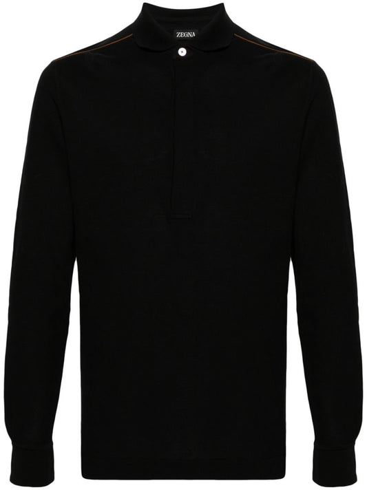 Black Leather-trim Cotton Polo-shirt