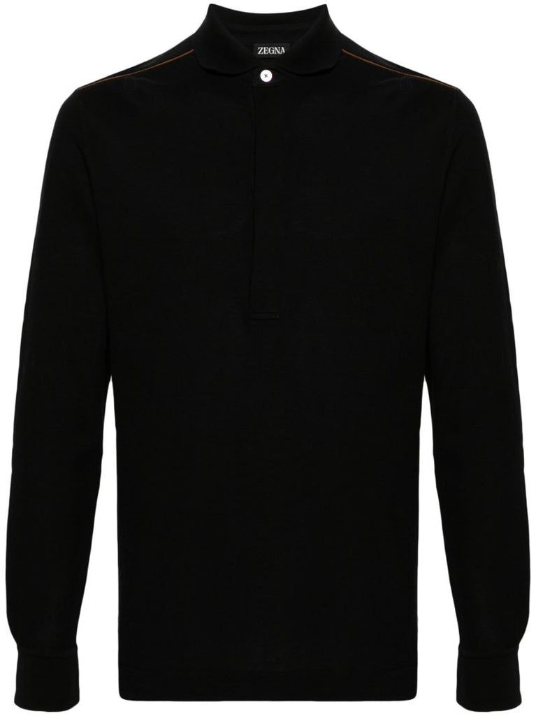 Black Leather-trim Cotton Polo-shirt
