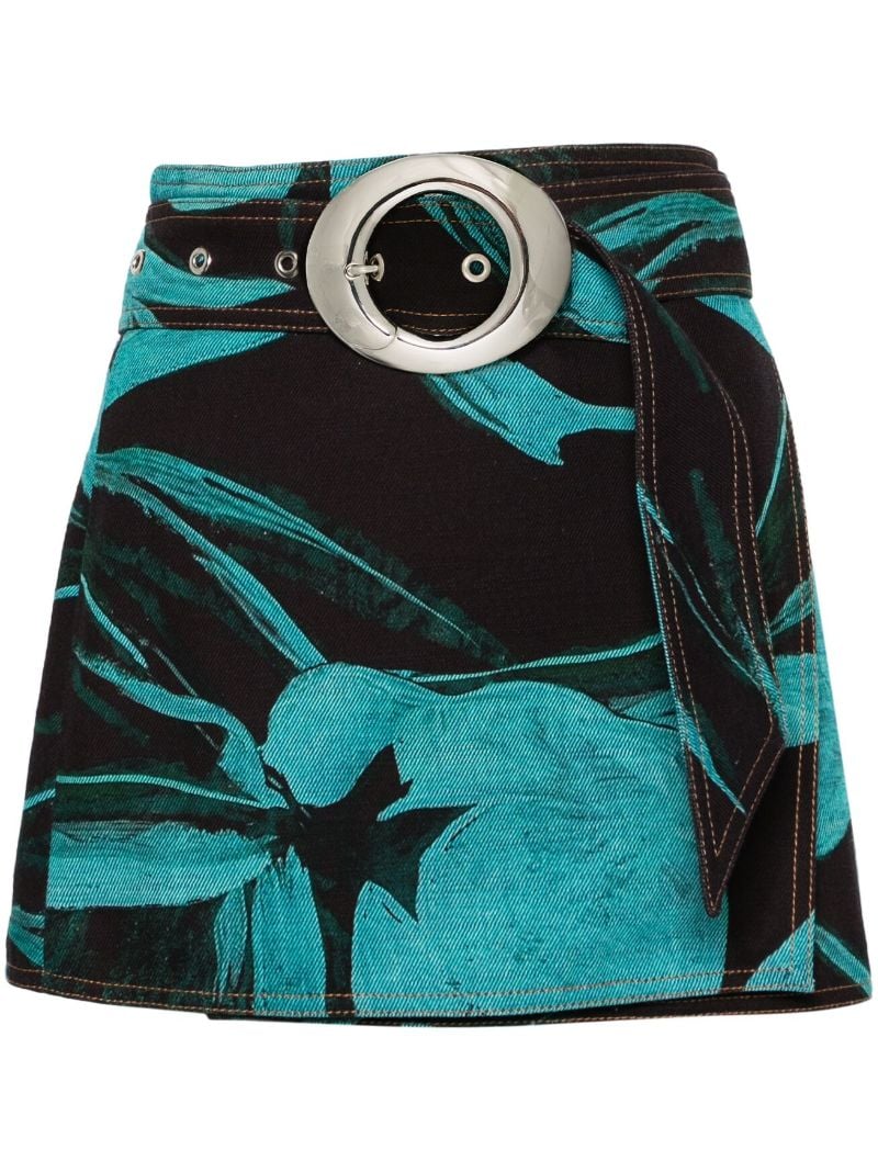 Black Floral-print Wrap Denim Skirt