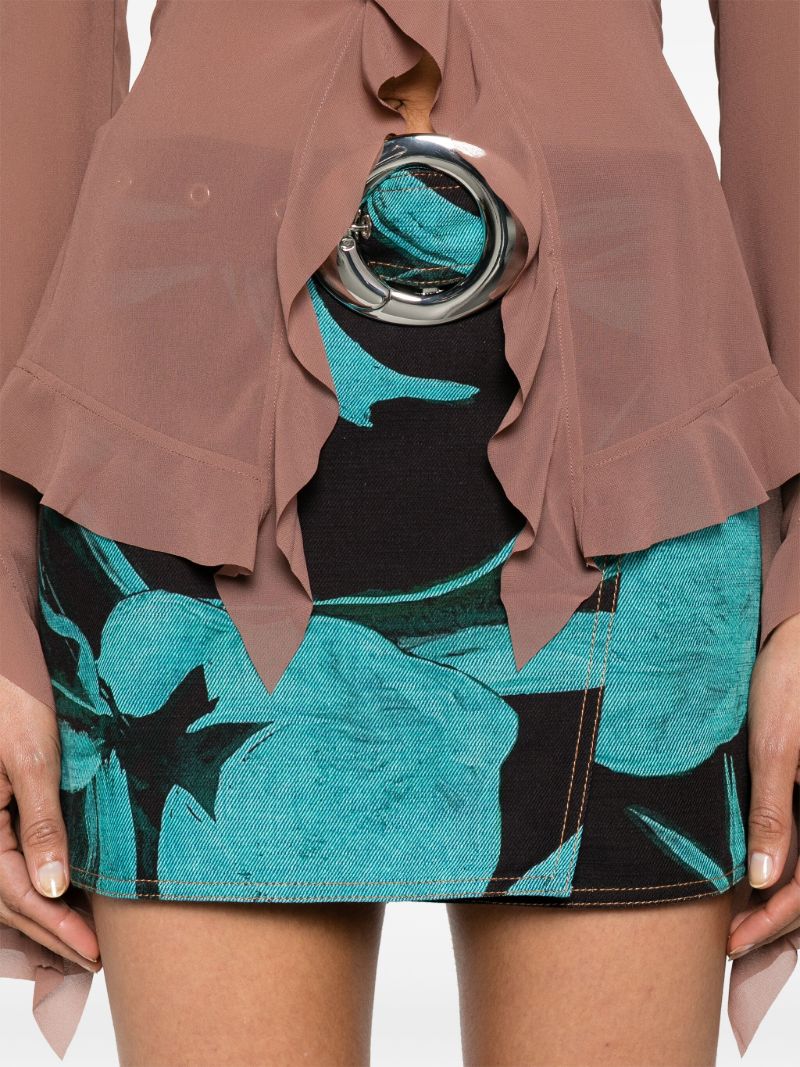Black Floral-print Wrap Denim Skirt